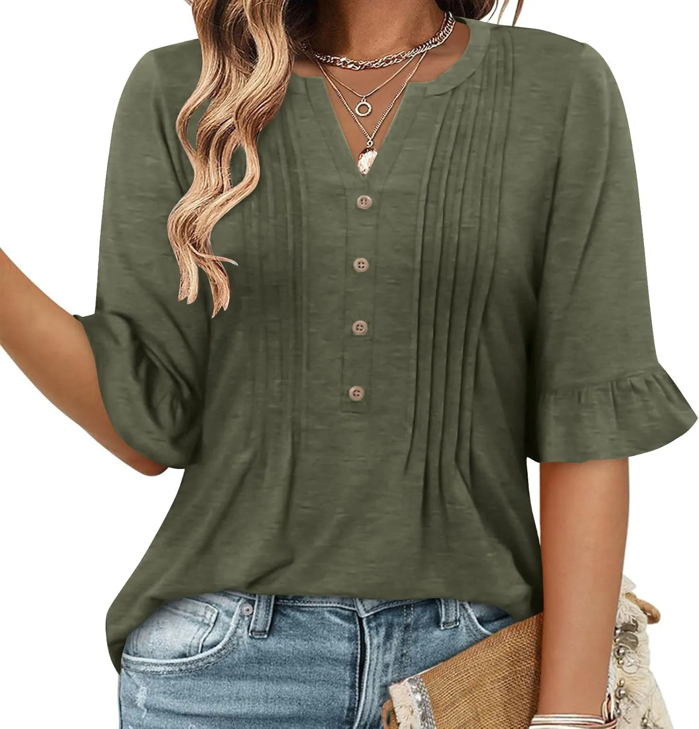 Oplxuo Womens Button Down Shirts Ruffle Short Sleeve V-Neck Pleated Front Tunic Tops Dressy Casual Work Blouses