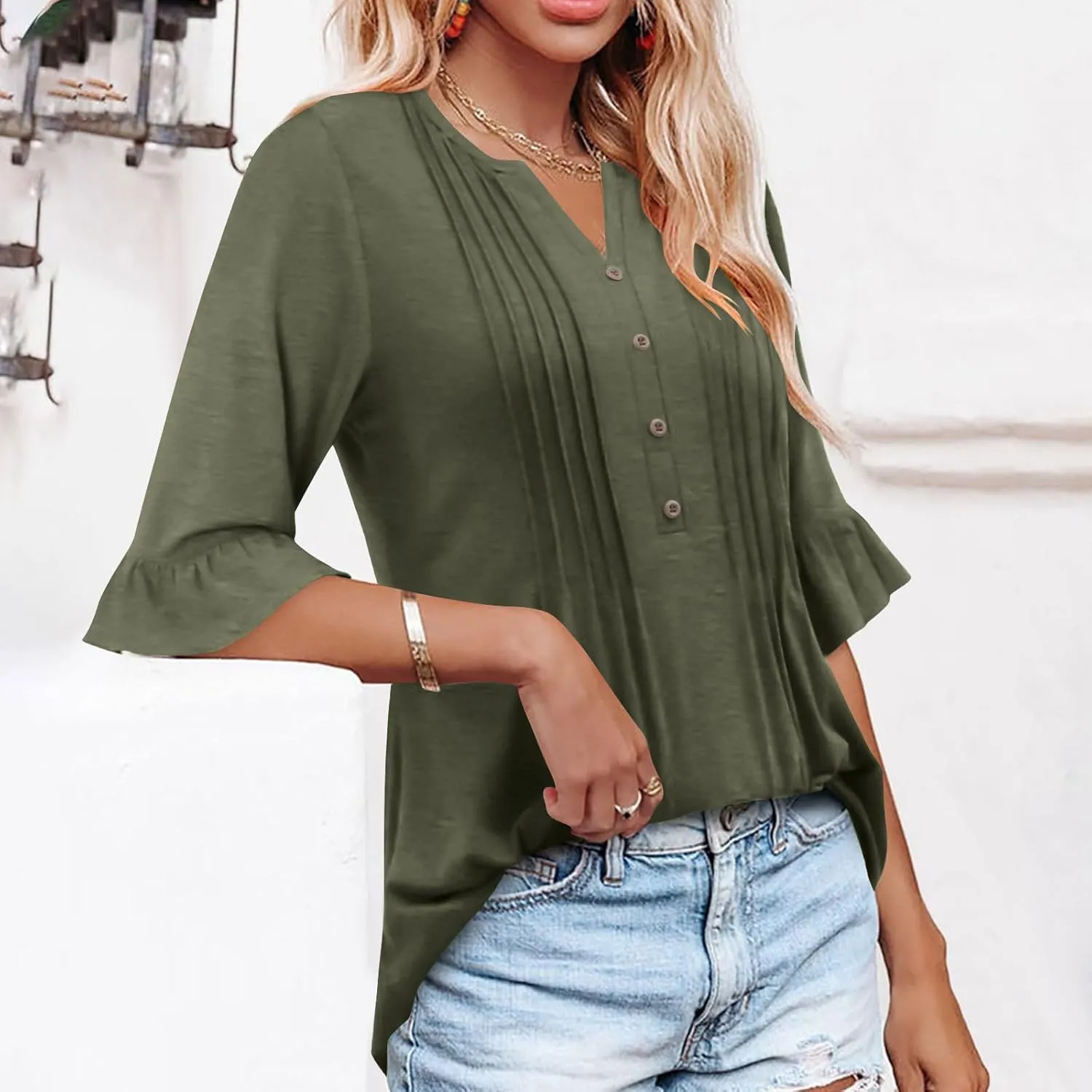 Oplxuo Womens Button Down Shirts Ruffle Short Sleeve V-Neck Pleated Front Tunic Tops Dressy Casual Work Blouses