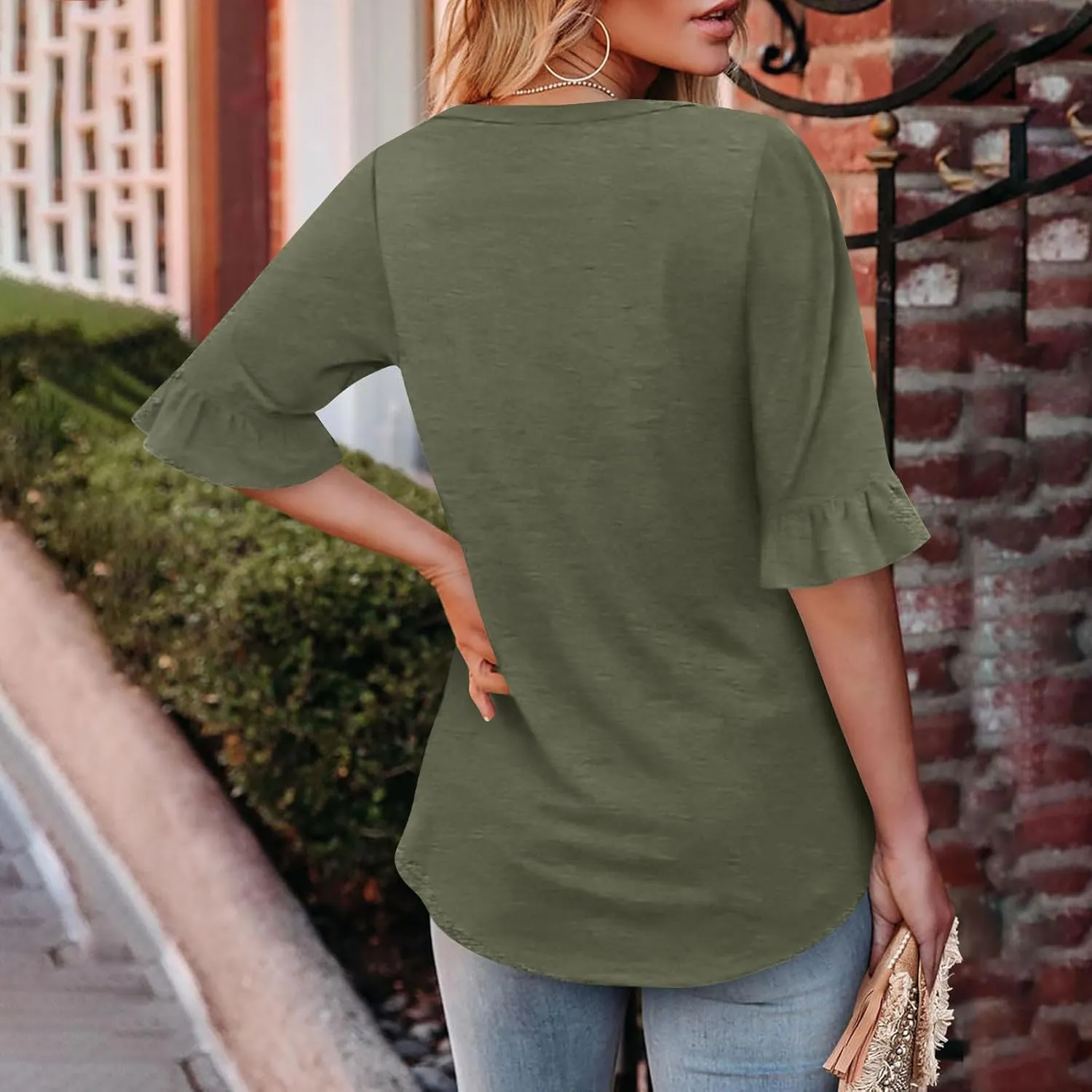 Oplxuo Womens Button Down Shirts Ruffle Short Sleeve V-Neck Pleated Front Tunic Tops Dressy Casual Work Blouses