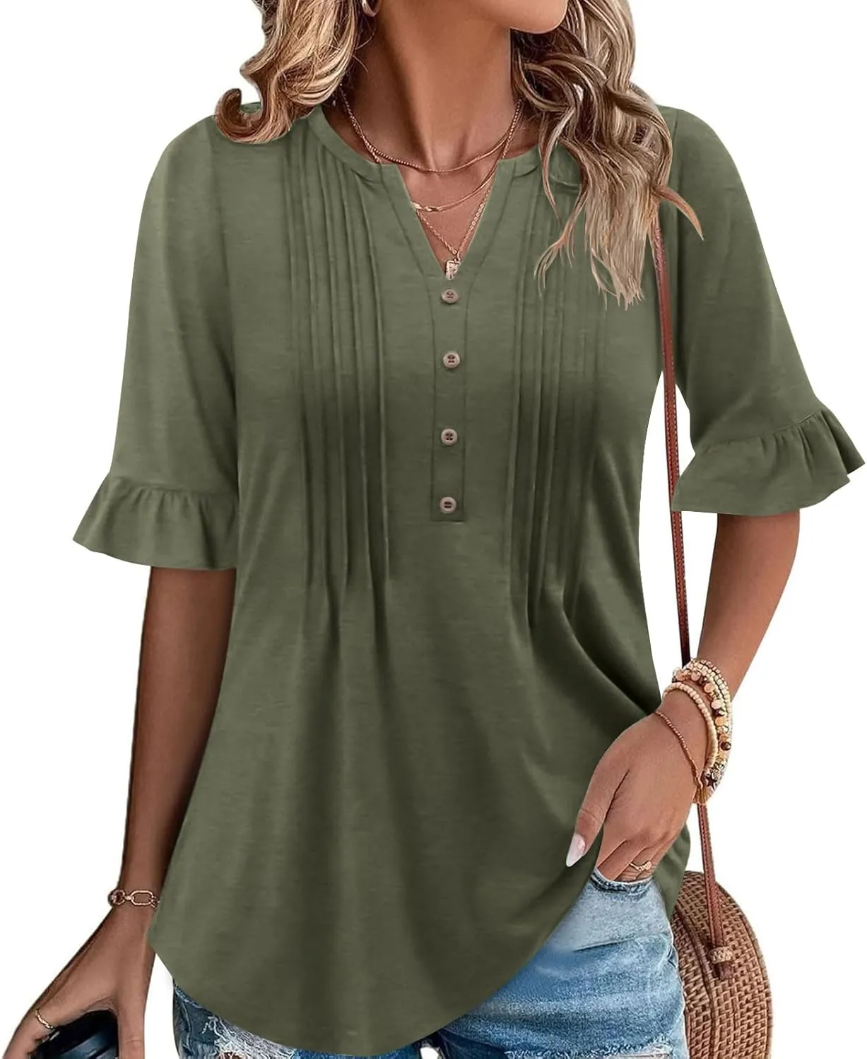 Oplxuo Womens Button Down Shirts Ruffle Short Sleeve V-Neck Pleated Front Tunic Tops Dressy Casual Work Blouses