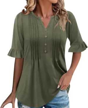 Oplxuo Womens Button Down Shirts Ruffle Short Sleeve V-Neck Pleated Front Tunic Tops Dressy Casual Work Blouses