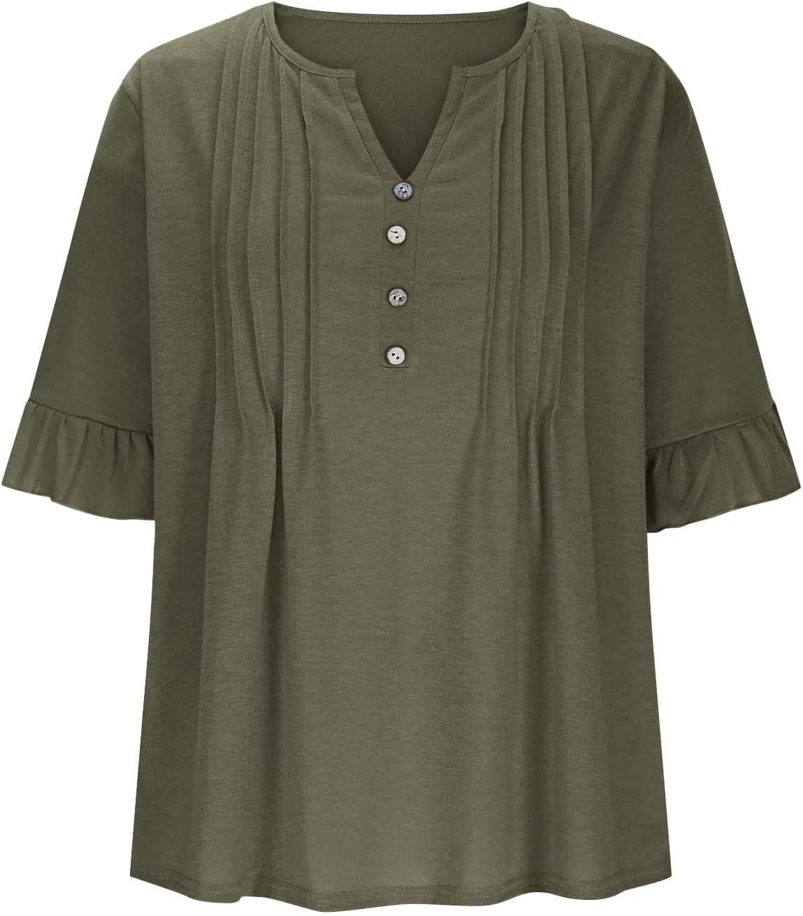 Oplxuo Womens Button Down Shirts Ruffle Short Sleeve V-Neck Pleated Front Tunic Tops Dressy Casual Work Blouses