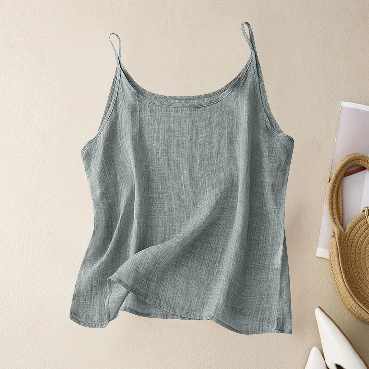 Oplxuo Womens Linen Tank Top Sleeveless Spaghetti Strap Camisole Tops Casual Solid Color Tee Shirts Summer Flowy Tank Top