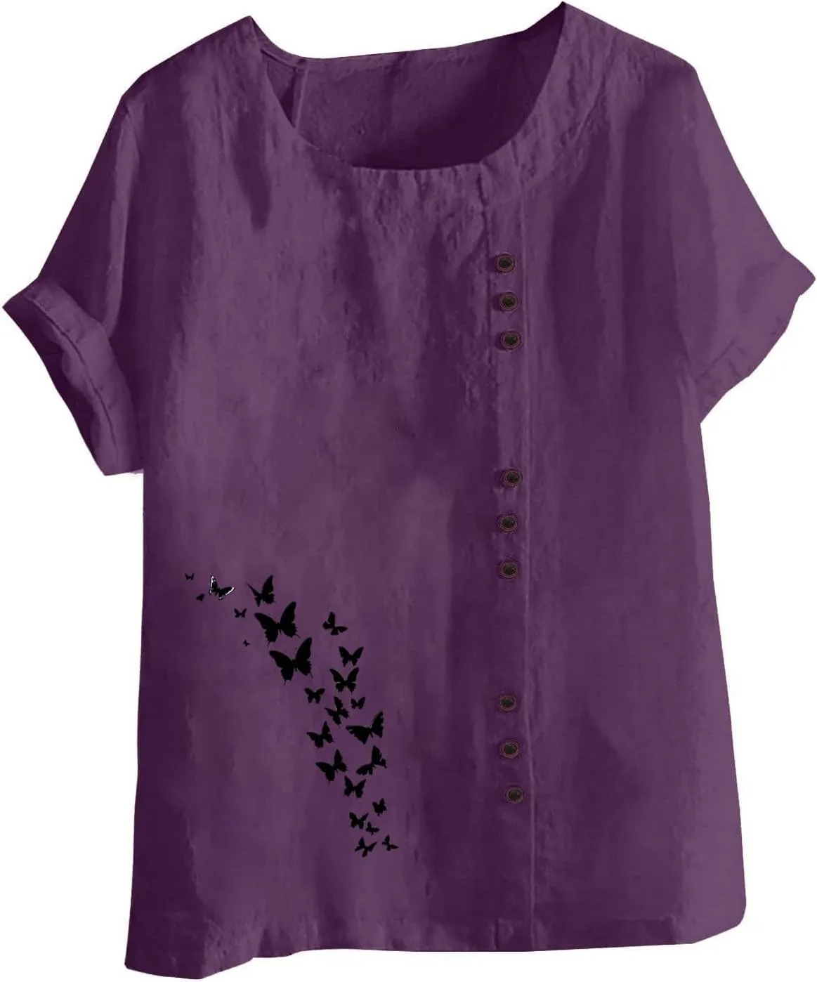 Oversized Cotton Linen Shirts for Women Trendy Floral Print Short Sleeve Tops Dressy Casual Crew Neck Summer Blouses