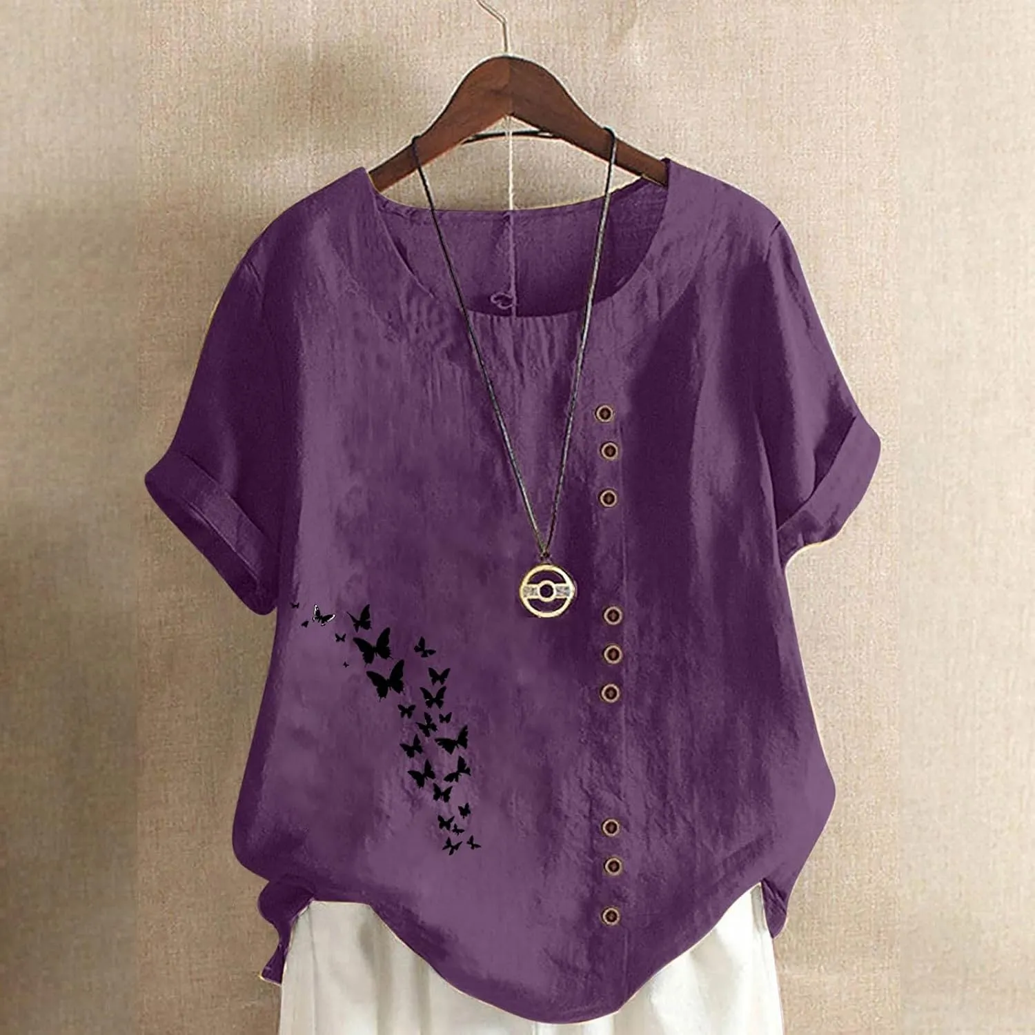 Oversized Cotton Linen Shirts for Women Trendy Floral Print Short Sleeve Tops Dressy Casual Crew Neck Summer Blouses