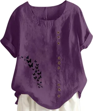 Oversized Cotton Linen Shirts for Women Trendy Floral Print Short Sleeve Tops Dressy Casual Crew Neck Summer Blouses