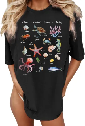 Oversized Graphic Shirt for Teens Girl Y2K Ocean Floral Short Sleeve Baggy Tee Shirts Vintage Funny Tshirts