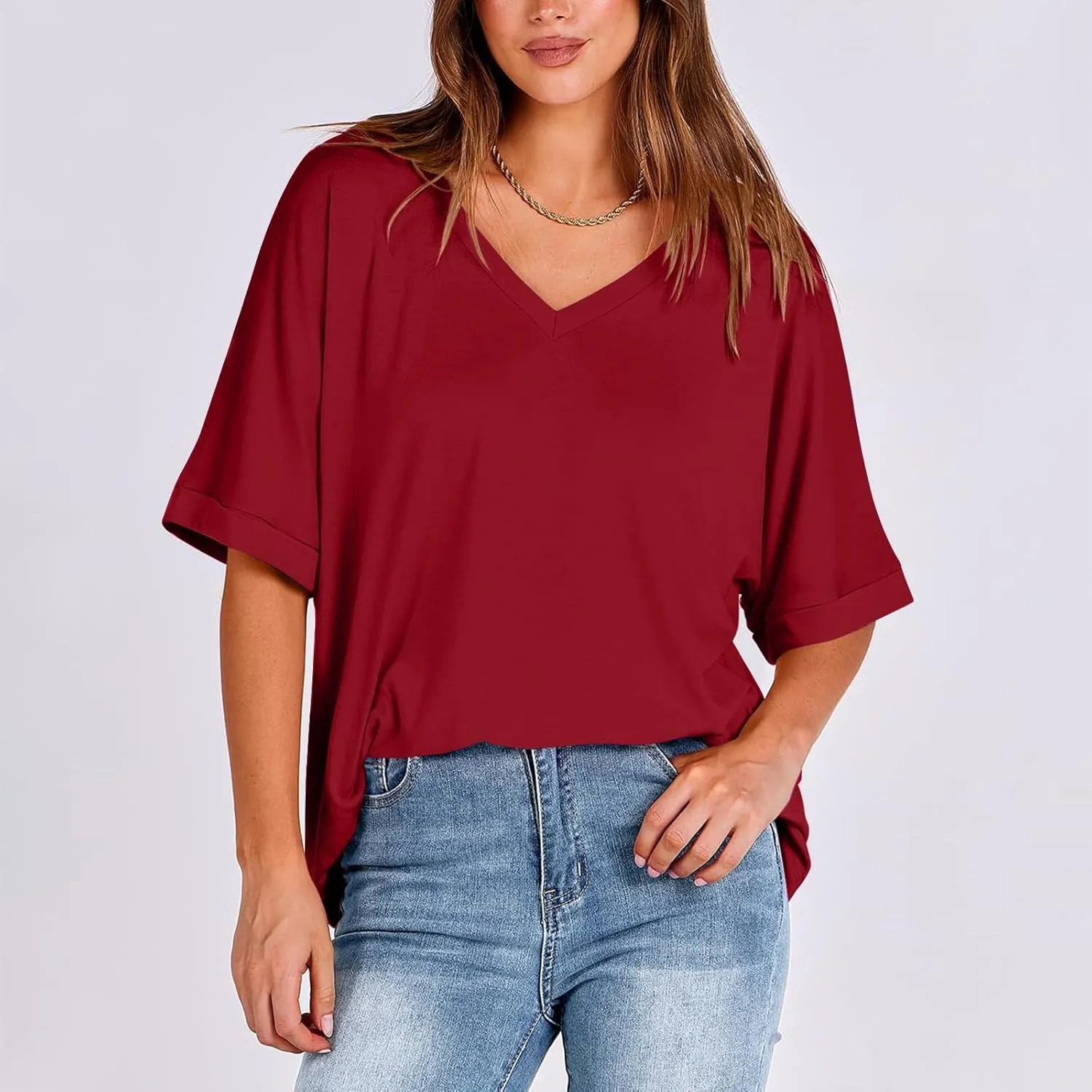 Oversized Shirts for Women V Neck Rolled Short Sleeve Shirts Loose Fit Summer Tops Casual Workout Shirts Tunic Tops