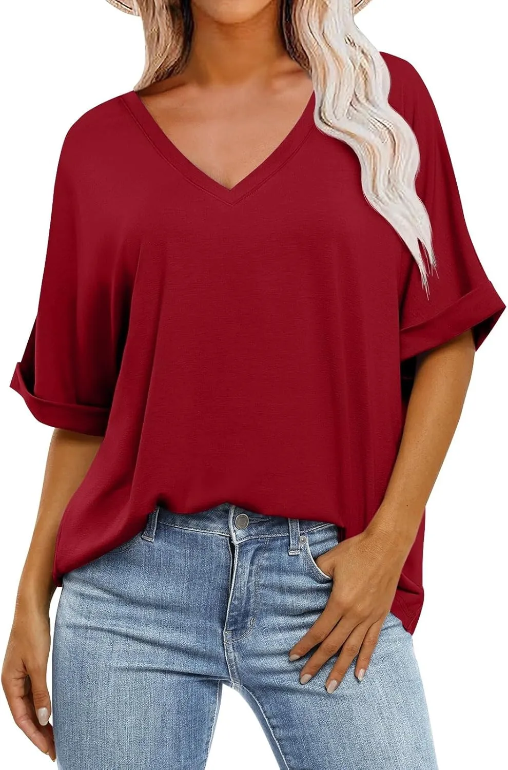 Oversized Shirts for Women V Neck Rolled Short Sleeve Shirts Loose Fit Summer Tops Casual Workout Shirts Tunic Tops