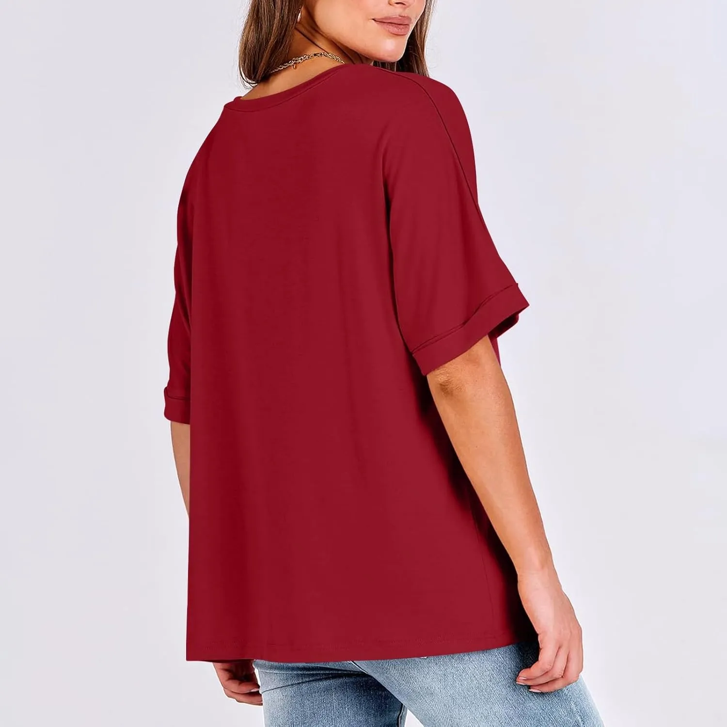 Oversized Shirts for Women V Neck Rolled Short Sleeve Shirts Loose Fit Summer Tops Casual Workout Shirts Tunic Tops
