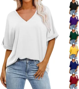 Oversized Shirts for Women V Neck Rolled Short Sleeve Shirts Loose Fit Summer Tops Casual Workout Shirts Tunic Tops