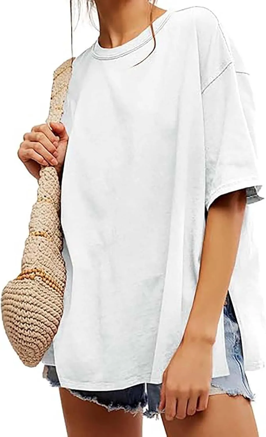 Oversized Tshirts for Women Patchwork Side Slit Summer Tops Crewneck Short Sleeve Shirts Blouses Workout Y2k Clothing