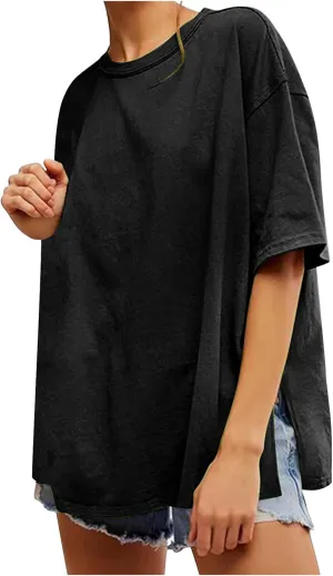 Oversized Tshirts for Women Patchwork Side Slit Summer Tops Crewneck Short Sleeve Shirts Blouses Workout Y2k Clothing
