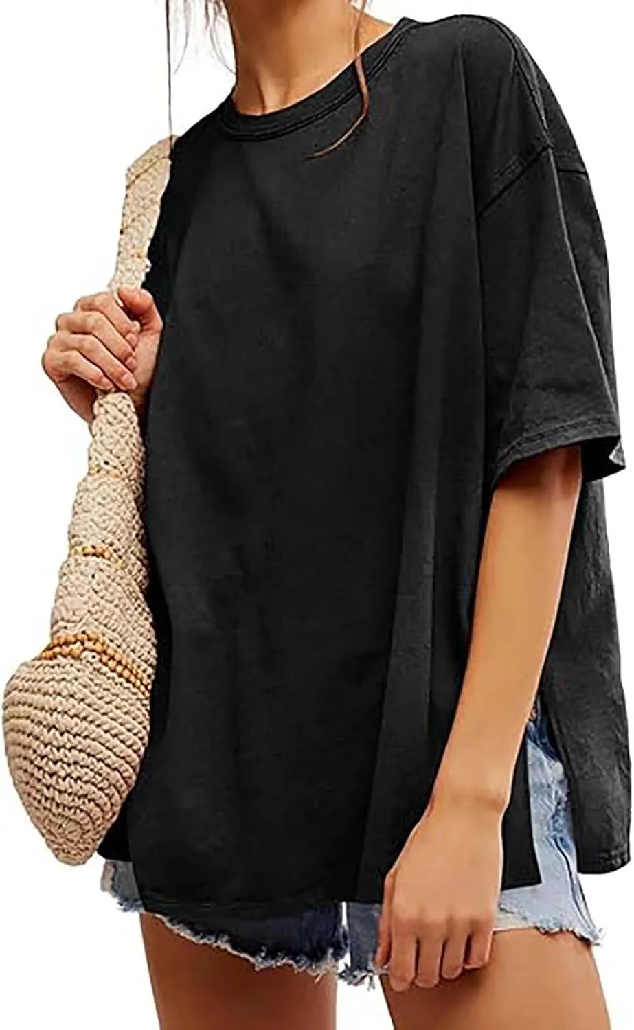 Oversized Tshirts for Women Patchwork Side Slit Summer Tops Crewneck Short Sleeve Shirts Blouses Workout Y2k Clothing
