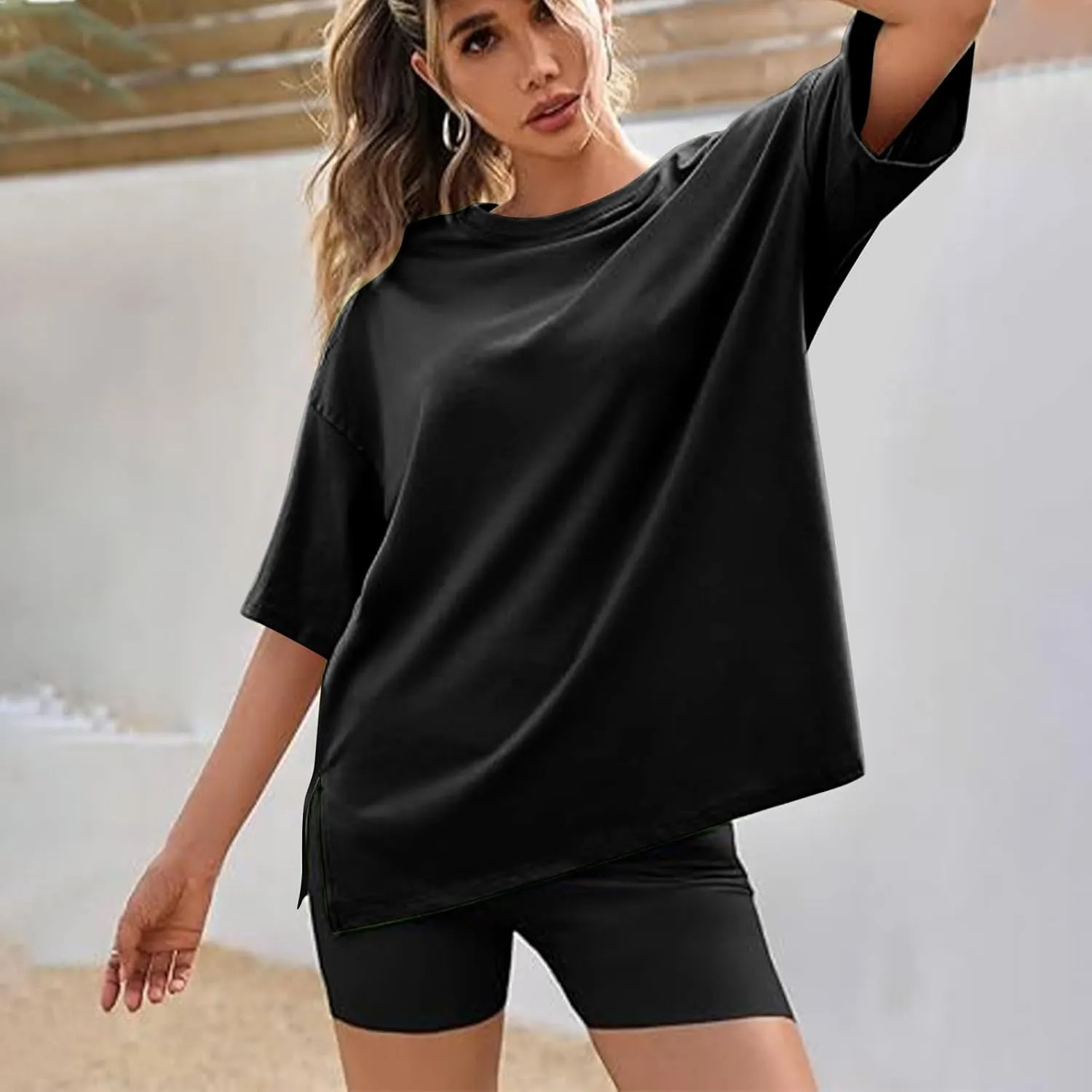 Oversized Tshirts for Women Patchwork Side Slit Summer Tops Crewneck Short Sleeve Shirts Blouses Workout Y2k Clothing