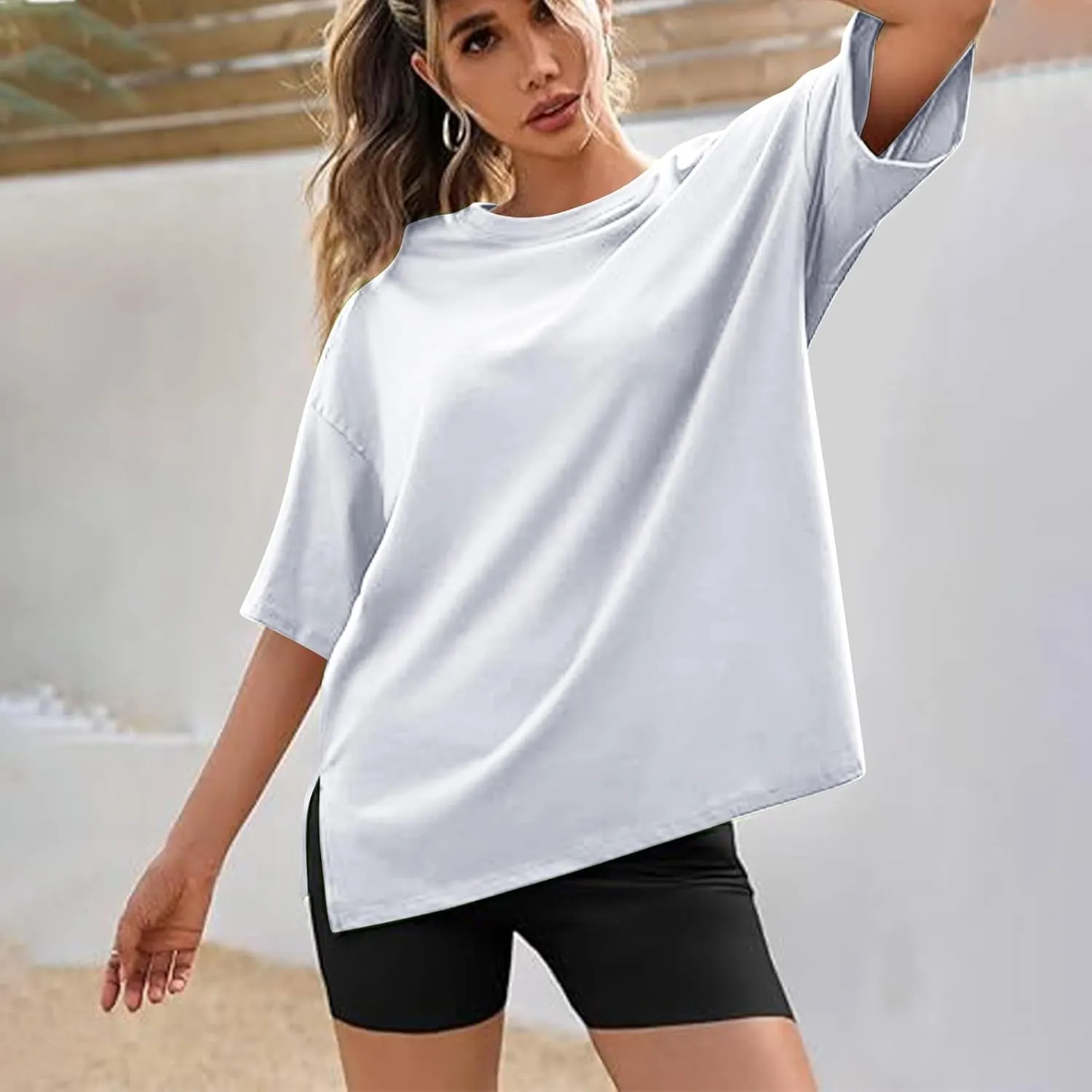 Oversized Tshirts for Women Patchwork Side Slit Summer Tops Crewneck Short Sleeve Shirts Blouses Workout Y2k Clothing