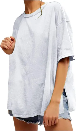 Oversized Tshirts for Women Patchwork Side Slit Summer Tops Crewneck Short Sleeve Shirts Blouses Workout Y2k Clothing