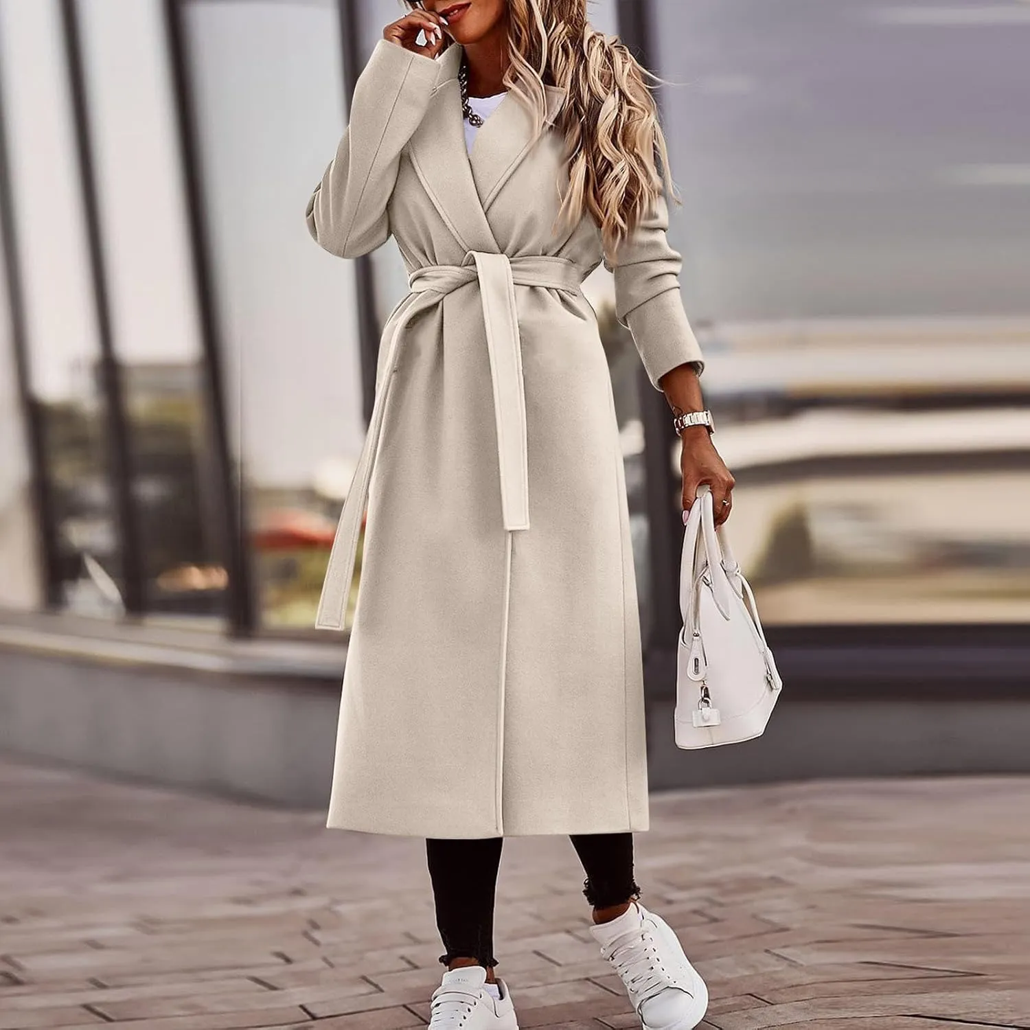 PETYCZEN Women's Trench Coats Notched Lapel Collar Wool Blend Winter Coats Casual Mid Length Pea Coats Long Jackets Overcoat