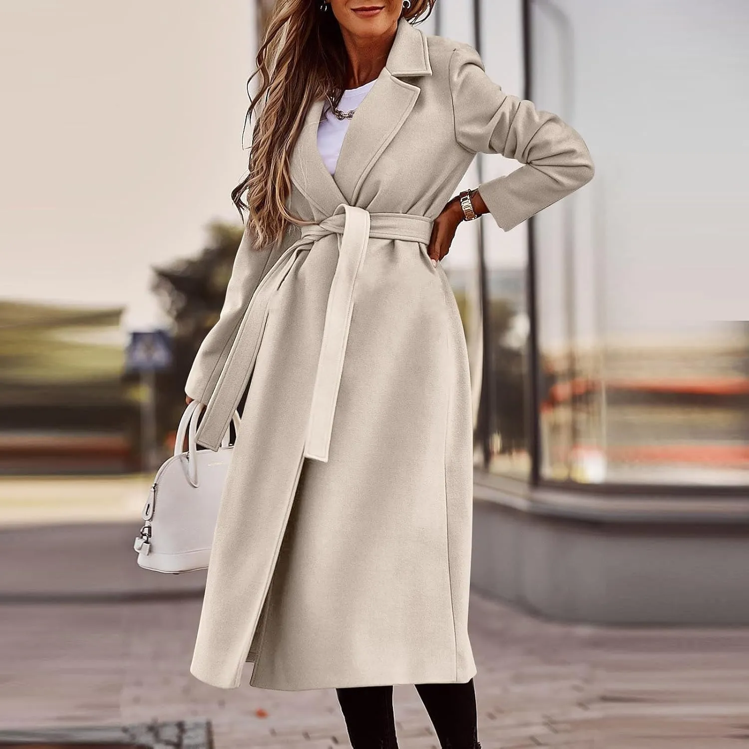 PETYCZEN Women's Trench Coats Notched Lapel Collar Wool Blend Winter Coats Casual Mid Length Pea Coats Long Jackets Overcoat