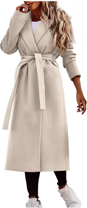 PETYCZEN Women's Trench Coats Notched Lapel Collar Wool Blend Winter Coats Casual Mid Length Pea Coats Long Jackets Overcoat