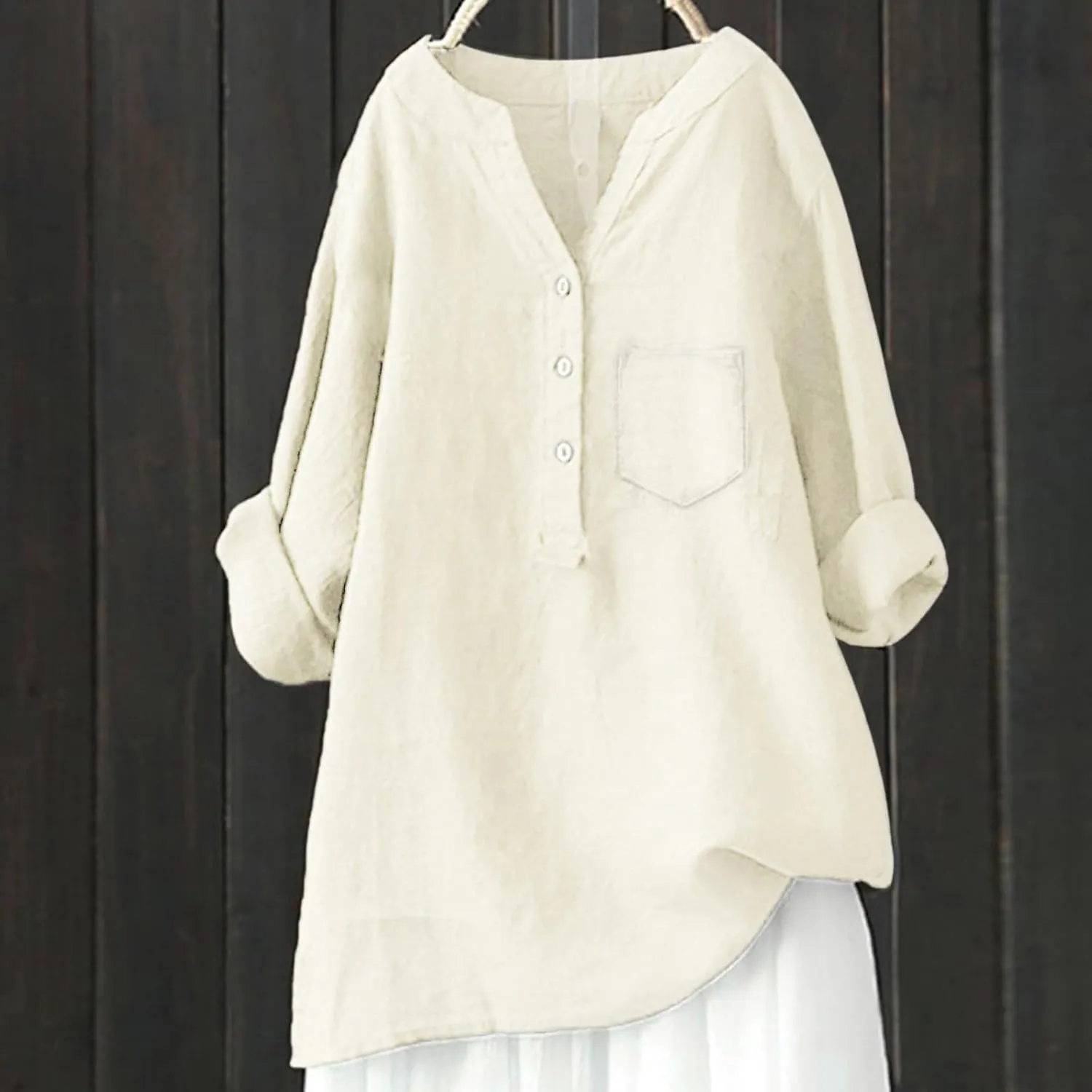 Plus Size Linen Tops for Women Summer Loose V Neck Button Down Long Sleeve T-Shirts Casual Plain Pullover Tee Shirts