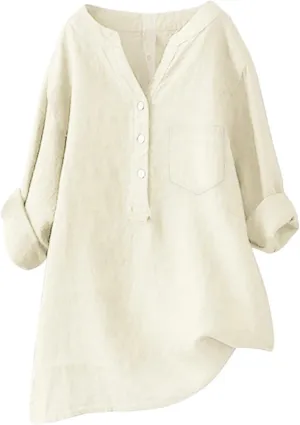 Plus Size Linen Tops for Women Summer Loose V Neck Button Down Long Sleeve T-Shirts Casual Plain Pullover Tee Shirts