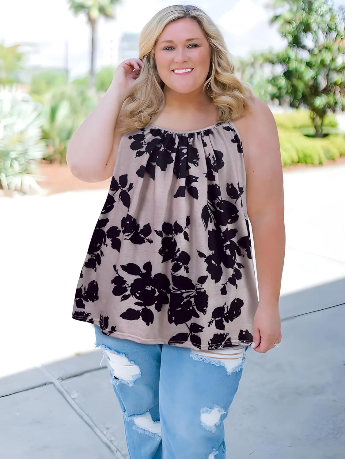 Plus Size Tank Tops for Women Boho Floral Loose Cami Spaghetti Strap Tunic Blouses