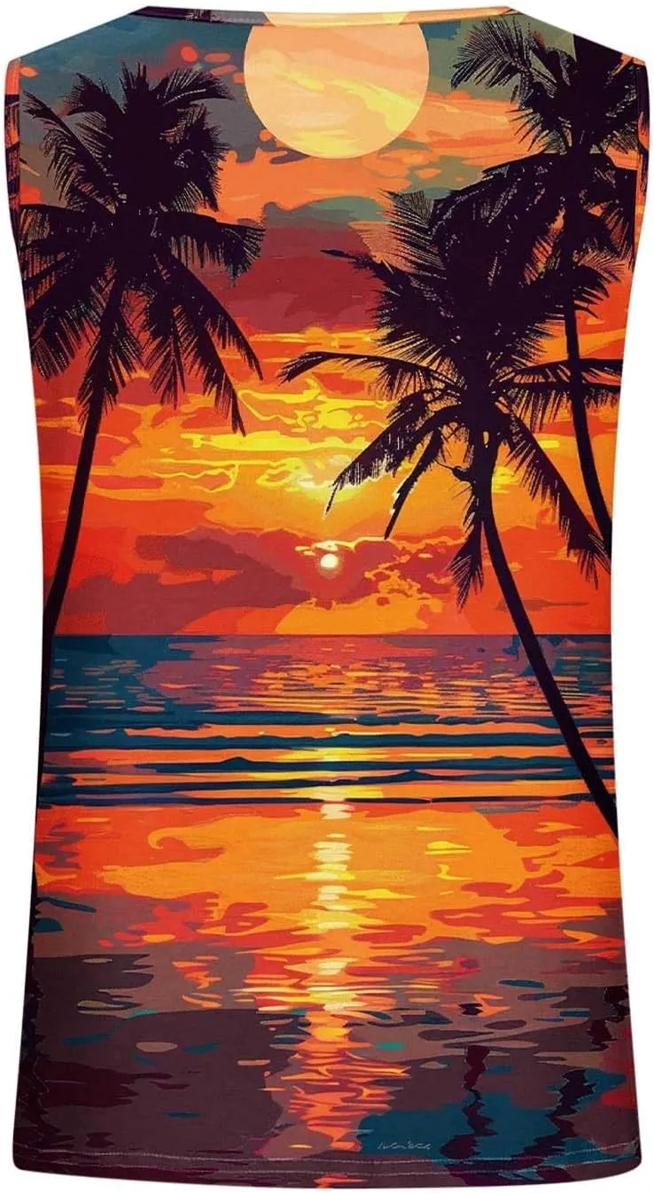 Plus Size Tank Tops for Women Summer Sleeveless Loose Fit O Neck Tshirts Hawaiian Sunset Beach Coconut Palm Print Tees