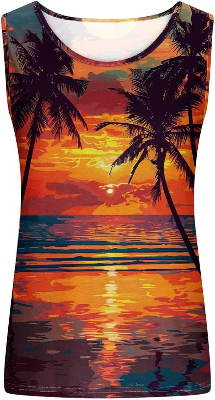 Plus Size Tank Tops for Women Summer Sleeveless Loose Fit O Neck Tshirts Hawaiian Sunset Beach Coconut Palm Print Tees