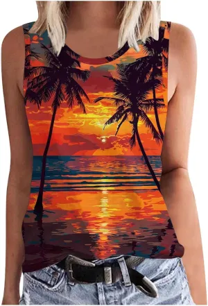 Plus Size Tank Tops for Women Summer Sleeveless Loose Fit O Neck Tshirts Hawaiian Sunset Beach Coconut Palm Print Tees