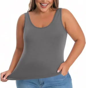 Plus Size Tank Tops with Built in Bra Women Summer Padded Crew Neck Sleeveless Tummy Control Basic Yoga Camisole