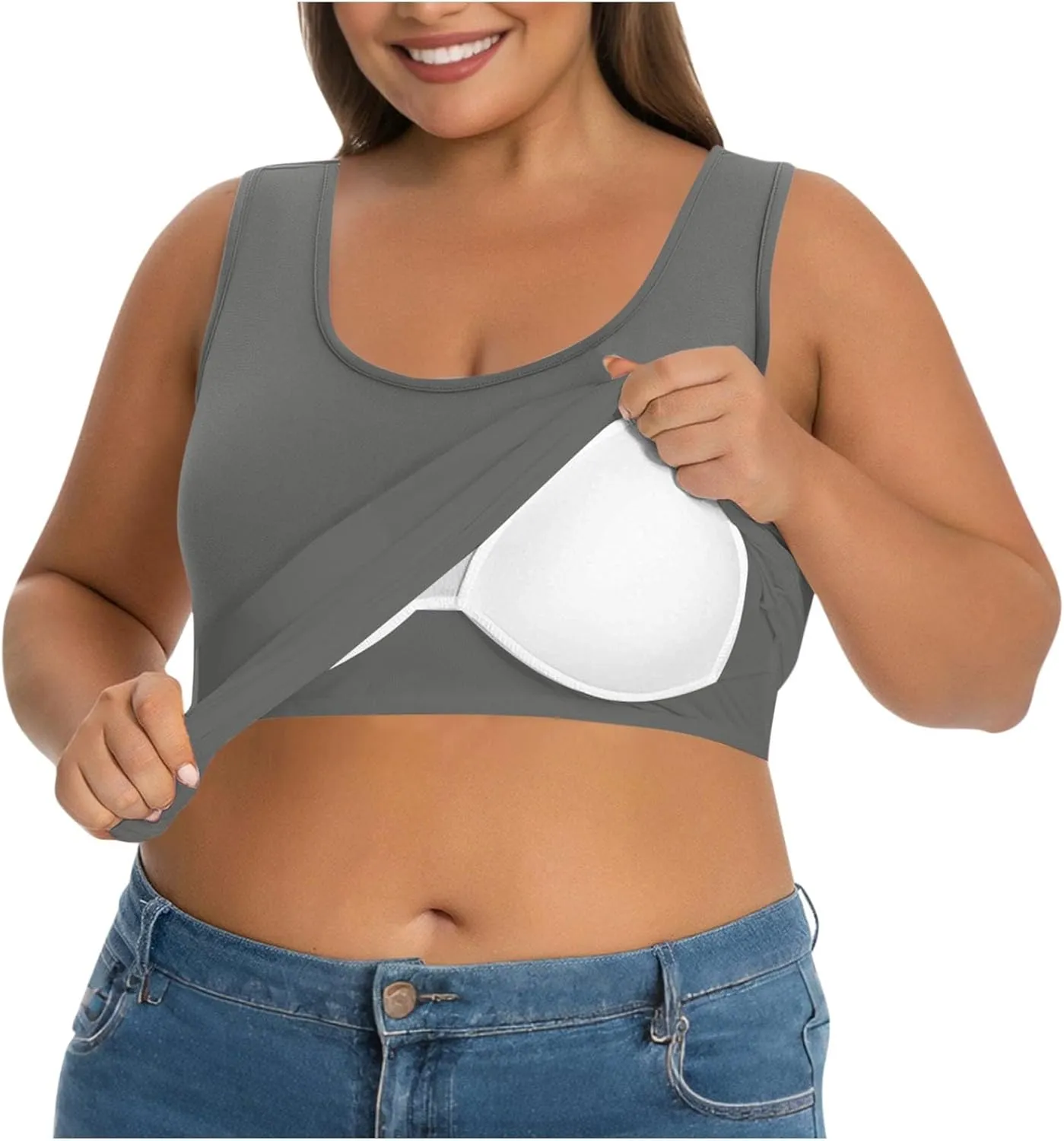 Plus Size Tank Tops with Built in Bra Women Summer Padded Crew Neck Sleeveless Tummy Control Basic Yoga Camisole