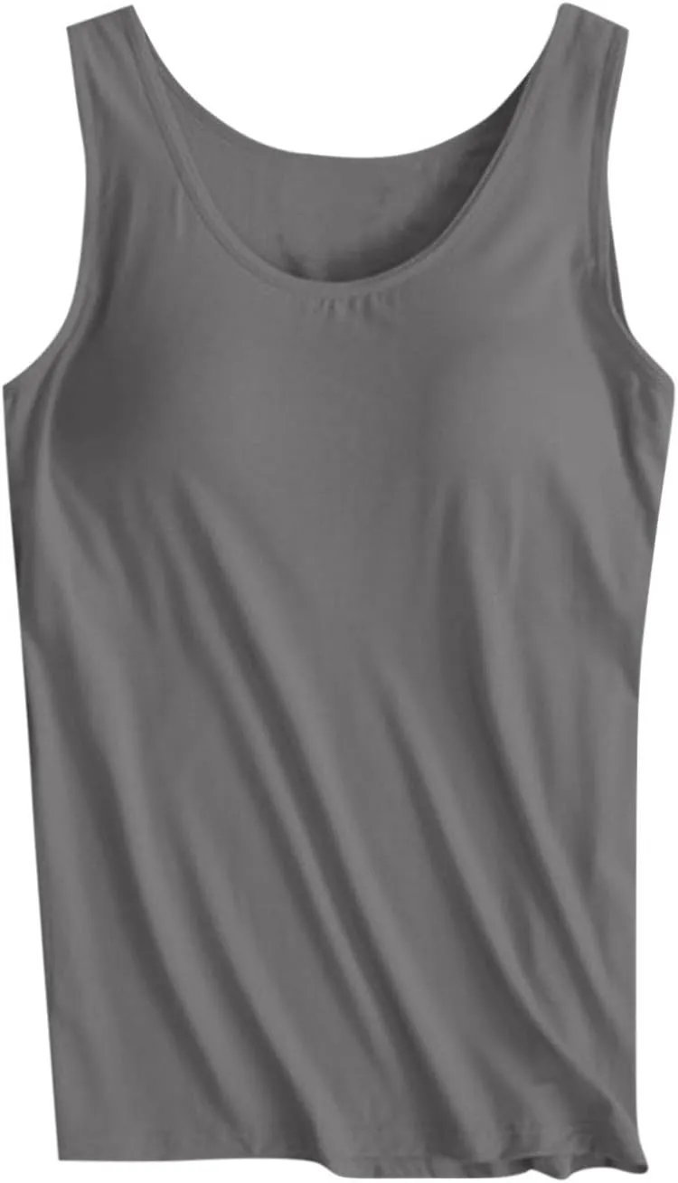 Plus Size Tank Tops with Built in Bra Women Summer Padded Crew Neck Sleeveless Tummy Control Basic Yoga Camisole