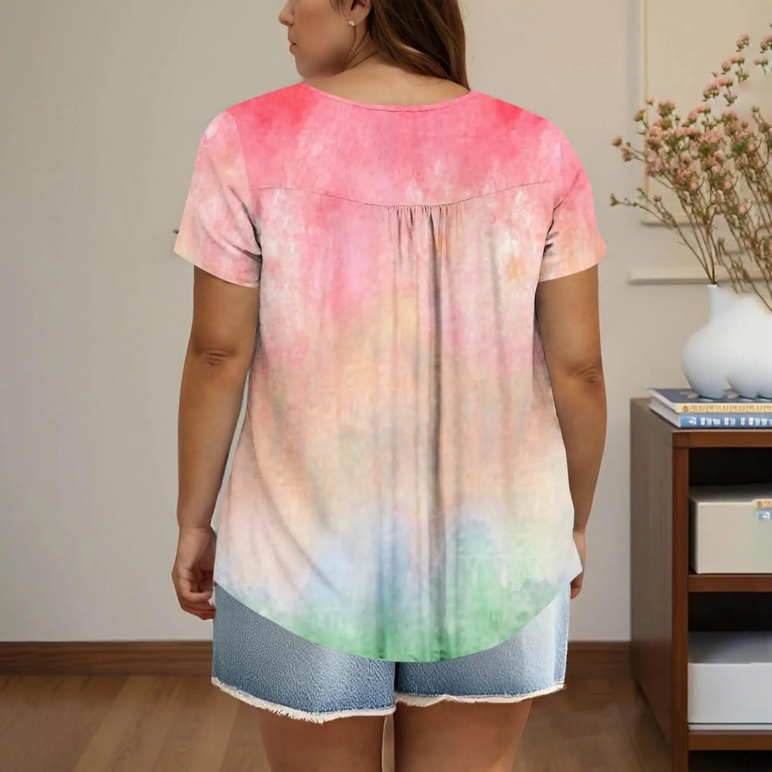 Plus Size Top for Women Button Up Henley Shirts Short Sleeve Summer Crew Neck Pleated Casual Trendy Tie Dye Tunic Blouse
