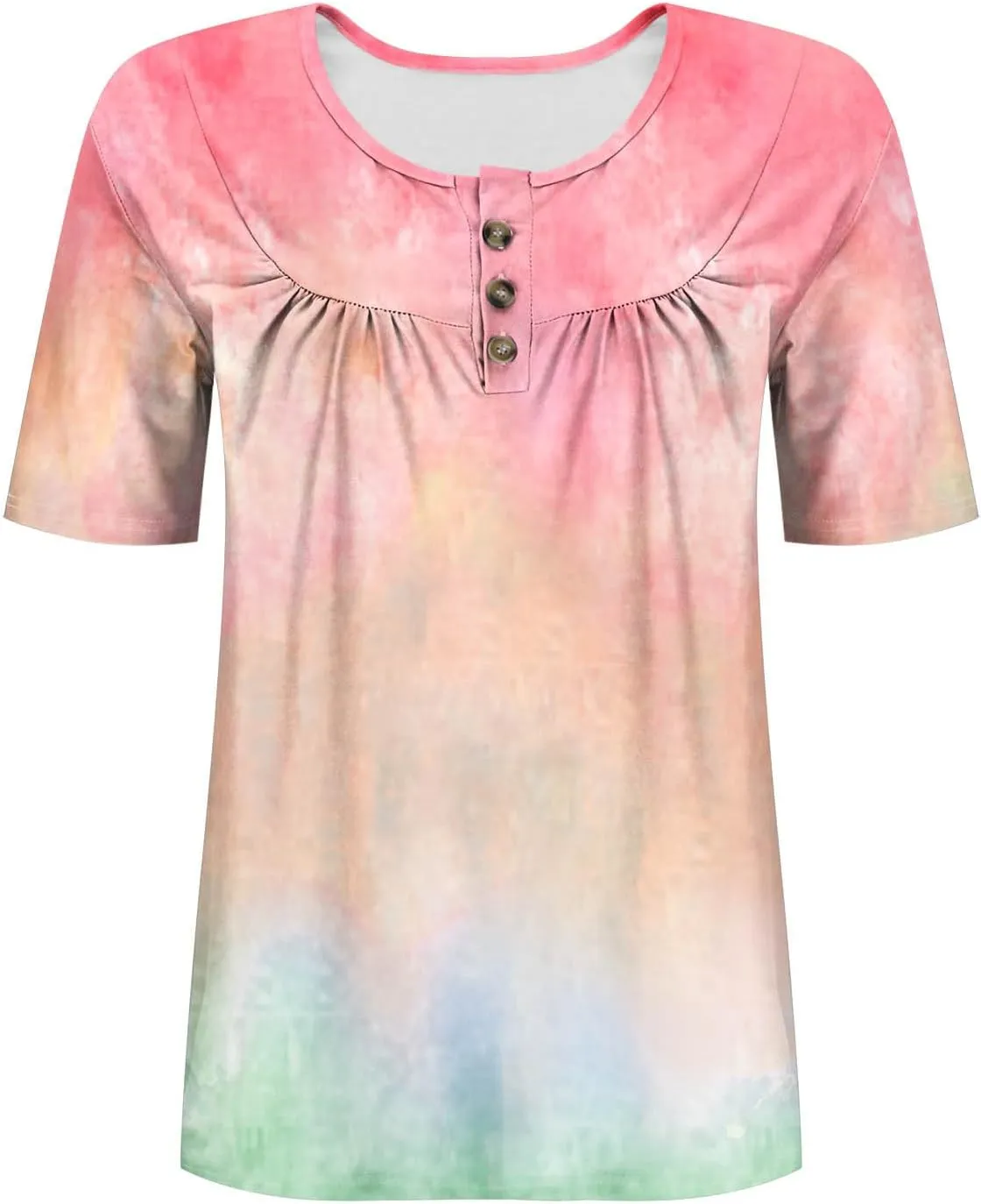 Plus Size Top for Women Button Up Henley Shirts Short Sleeve Summer Crew Neck Pleated Casual Trendy Tie Dye Tunic Blouse