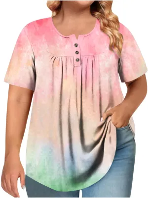 Plus Size Top for Women Button Up Henley Shirts Short Sleeve Summer Crew Neck Pleated Casual Trendy Tie Dye Tunic Blouse