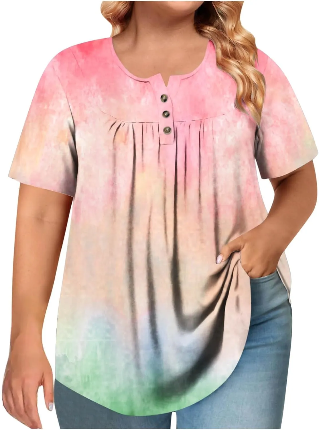 Plus Size Top for Women Button Up Henley Shirts Short Sleeve Summer Crew Neck Pleated Casual Trendy Tie Dye Tunic Blouse