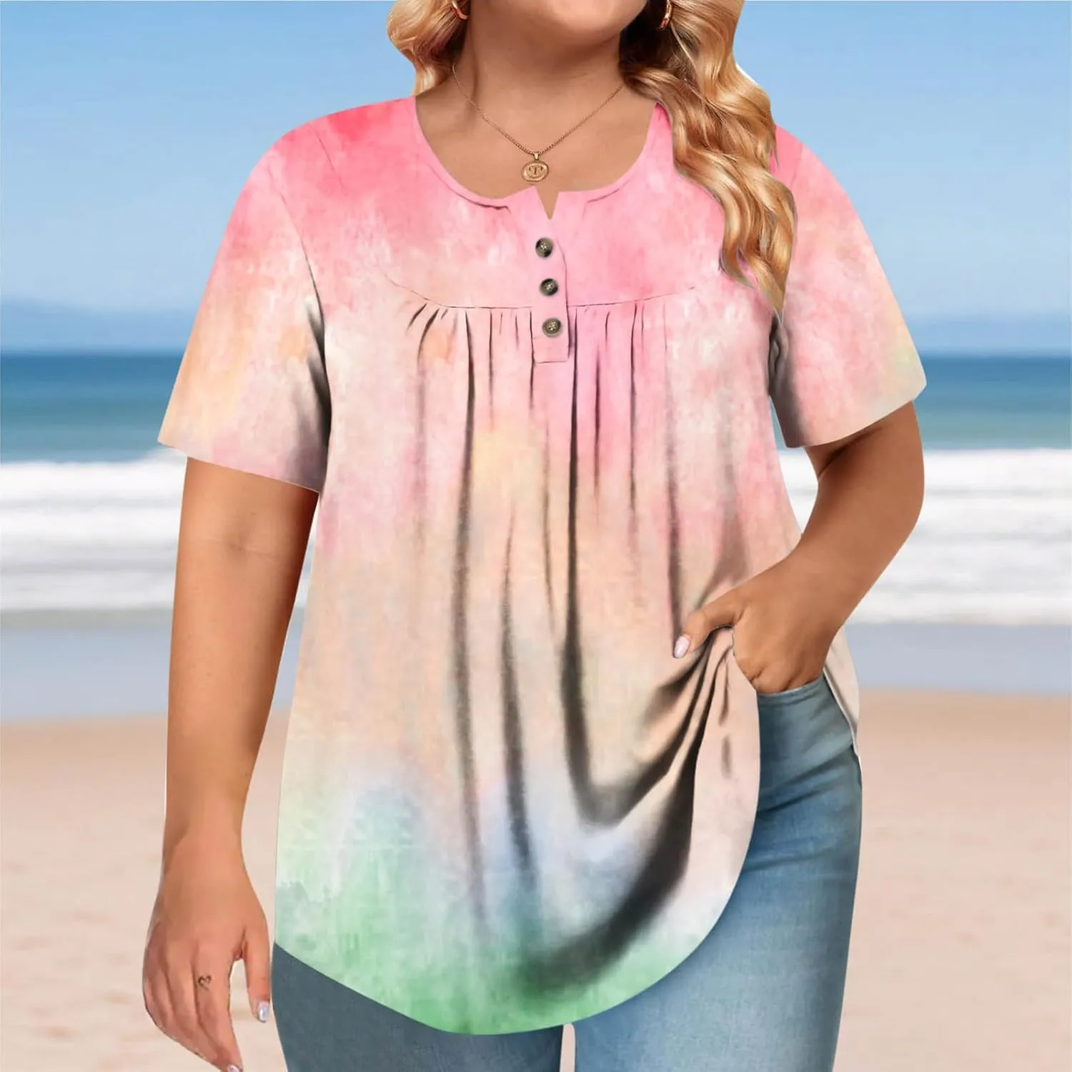 Plus Size Top for Women Button Up Henley Shirts Short Sleeve Summer Crew Neck Pleated Casual Trendy Tie Dye Tunic Blouse
