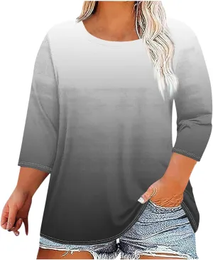 Plus Size Tops for Women Casual 3/4 Sleeve Gradient Color T-Shirts Trendy Loose Fit Crew Neck Oversized Tshirts