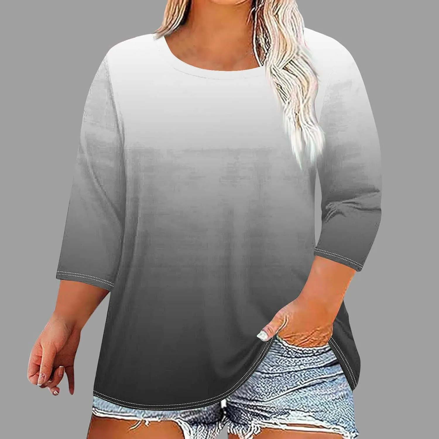 Plus Size Tops for Women Casual 3/4 Sleeve Gradient Color T-Shirts Trendy Loose Fit Crew Neck Oversized Tshirts