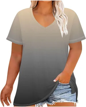 Plus Size Tops for Women Oversized Summer Basic V Neck Short Sleeve Henley Shirt 2025 Casual Gradient Tunic Blouse