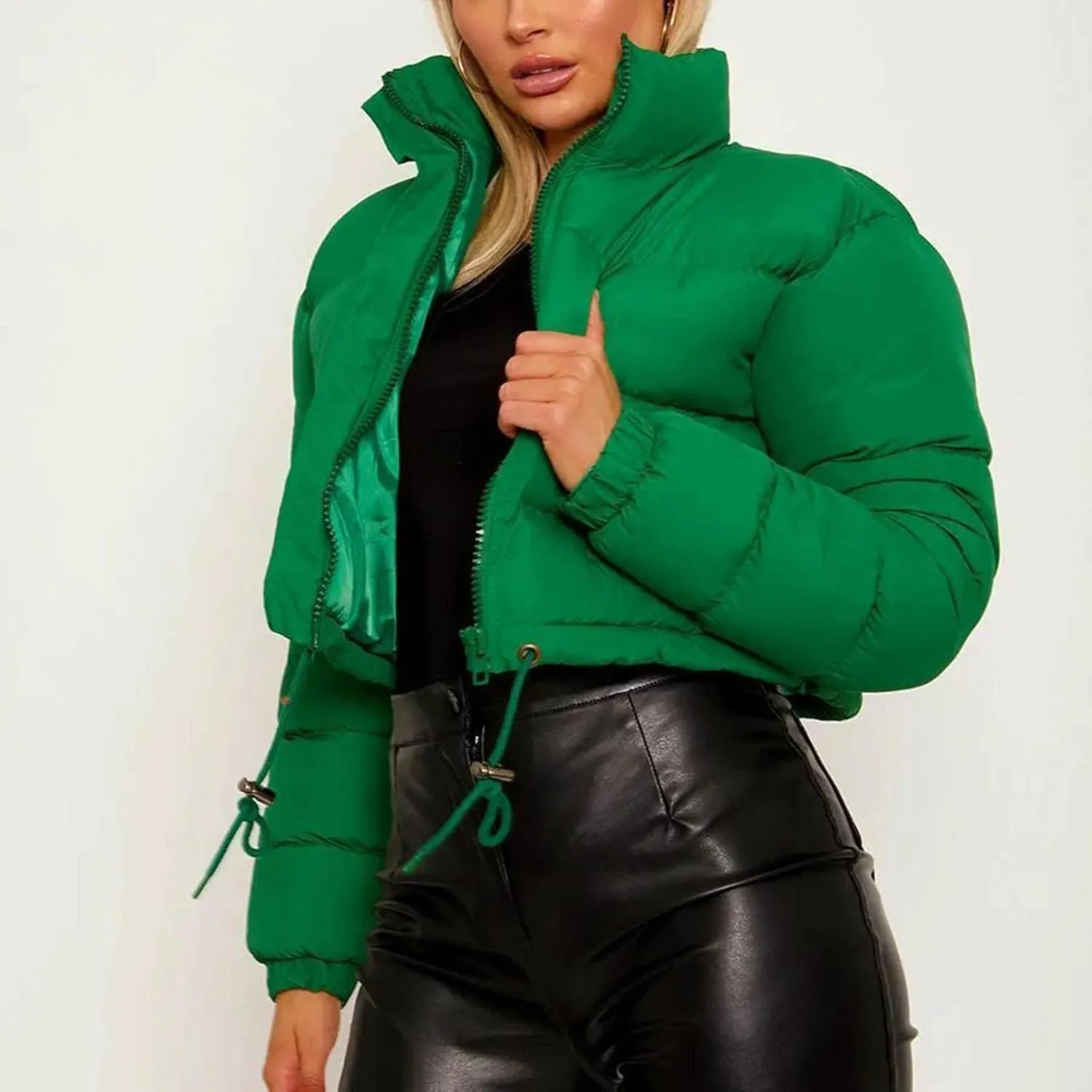 Puffer Jacket for Women Long Sleeve High Neck Full Zip Up Plain Short Down Coat Stand-up Collar Drawstring Autumn Windproof