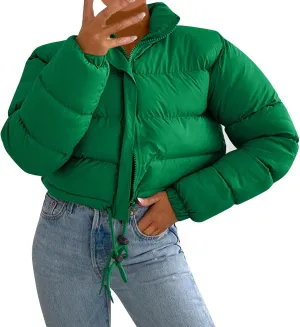 Puffer Jacket for Women Long Sleeve High Neck Full Zip Up Plain Short Down Coat Stand-up Collar Drawstring Autumn Windproof