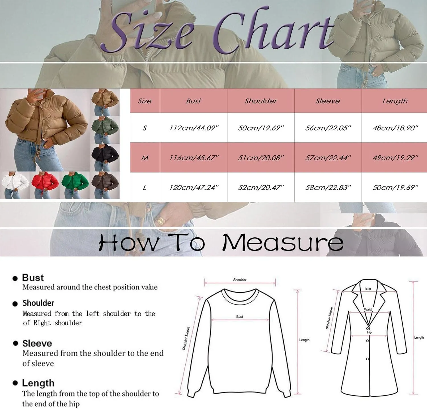 Puffer Jacket for Women Long Sleeve High Neck Full Zip Up Plain Short Down Coat Stand-up Collar Drawstring Autumn Windproof