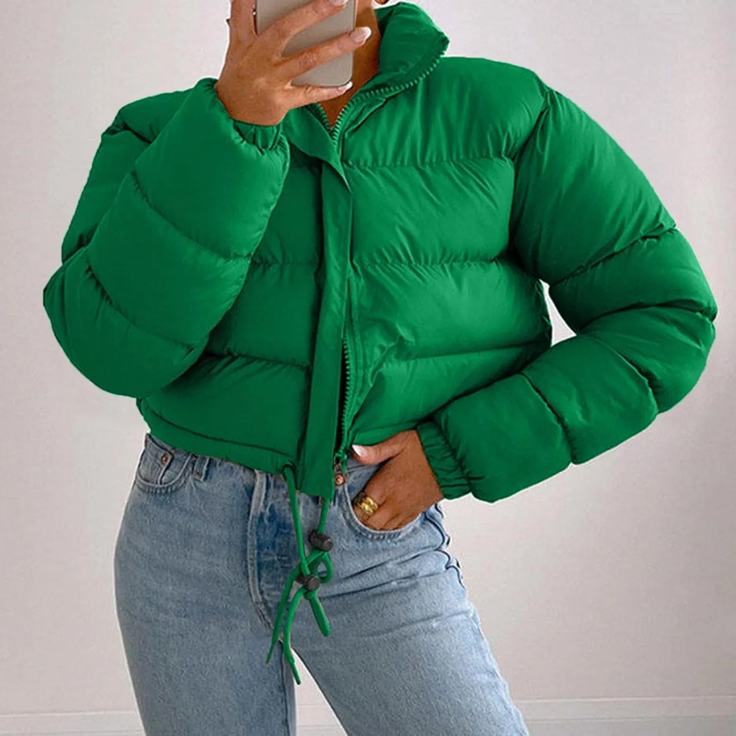 Puffer Jacket for Women Long Sleeve High Neck Full Zip Up Plain Short Down Coat Stand-up Collar Drawstring Autumn Windproof