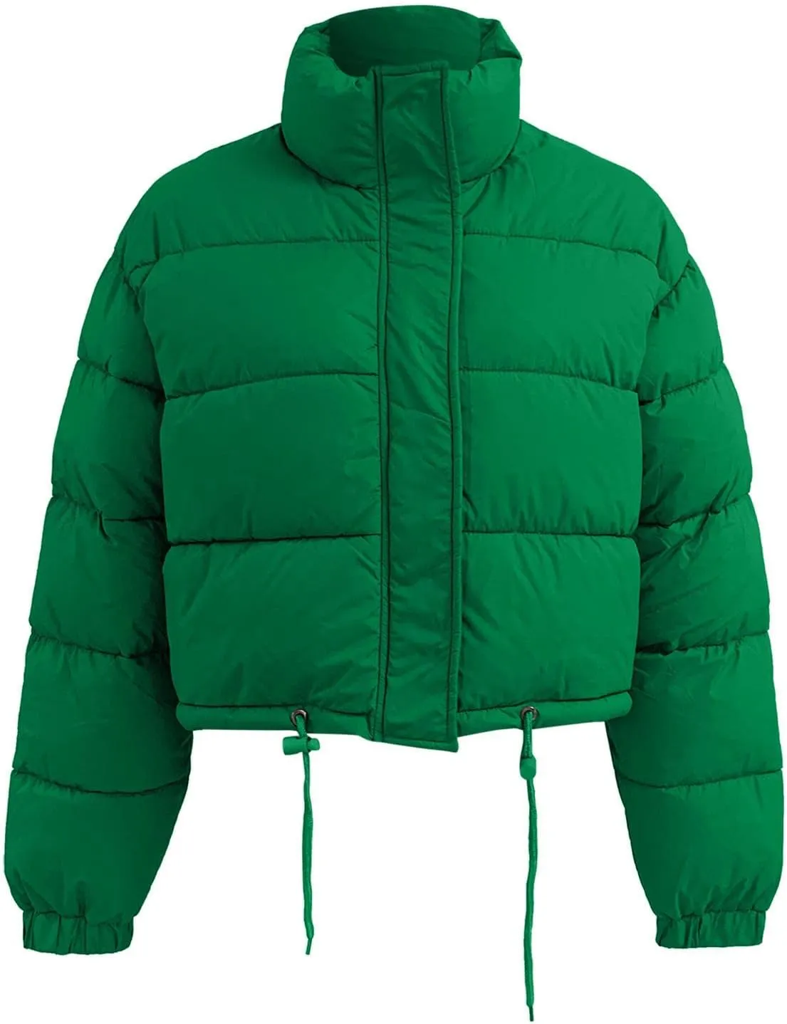 Puffer Jacket for Women Long Sleeve High Neck Full Zip Up Plain Short Down Coat Stand-up Collar Drawstring Autumn Windproof