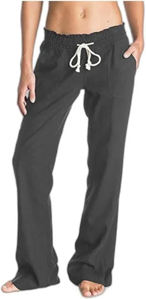 Pure Color Pants for Women Linen Drawstring Comfy Soft Trousers, Summer Wide Leg Beach Workout Slim Fit Flared Pants