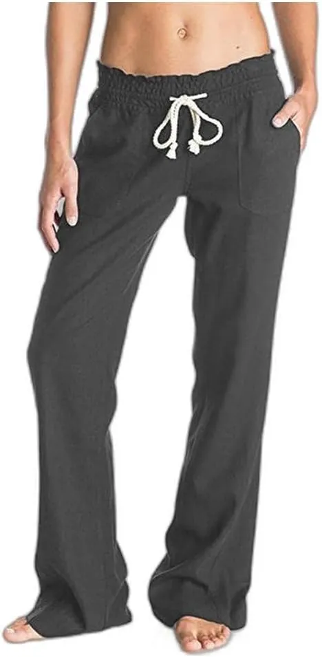 Pure Color Pants for Women Linen Drawstring Comfy Soft Trousers, Summer Wide Leg Beach Workout Slim Fit Flared Pants
