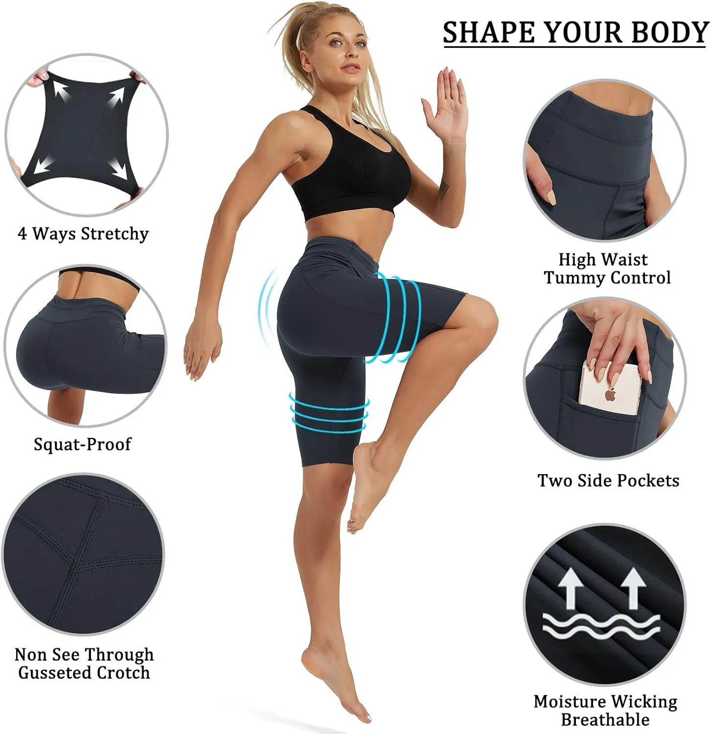 Rataves Womens Shorts 10" Workout Yoga Shorts with Pockets High Waisted Athletic Shorts Running Biker Shorts（007）