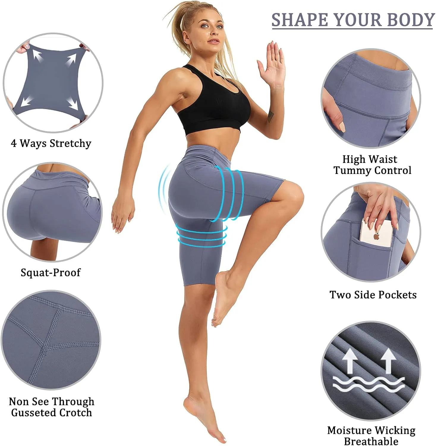 Rataves Womens Shorts 10" Workout Yoga Shorts with Pockets High Waisted Athletic Shorts Running Biker Shorts（007）